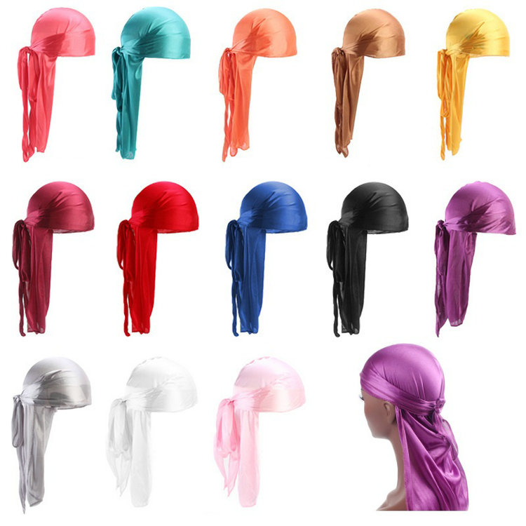 

New Silky Long Tail Scarf Cap Men's Satin Durags Bandanna Turban Wigs Men Silky Durag Headwear Pirate Hat Hair Accessories, As photo