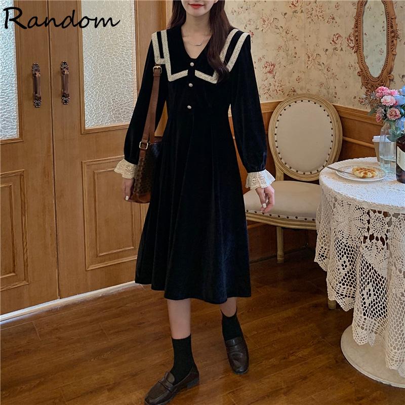 

Plus Size Women 2020 Autumn Winter Lace Patchwork Black Velvet Party Dress Long Sleeve Sweet Cute A Line Dresses Fall Clothing