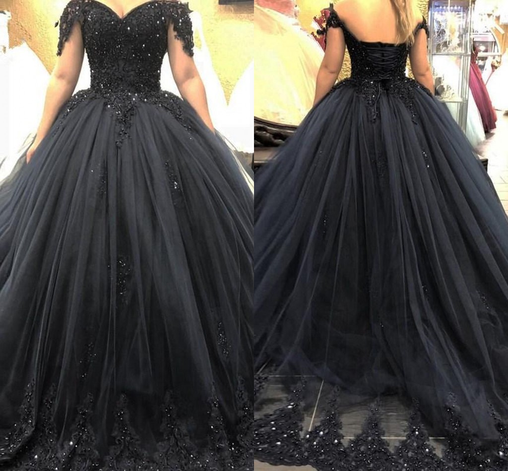 

Black Ball Gown Wedding Dresses Plus Size Off Shoulder Lace Appliques 2021 Arabic Gothic Bridal Gowns Sequins Puff Vestidos De Fiesta AL8573, Dark green
