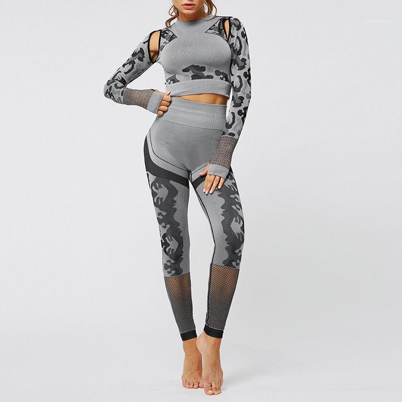 

SVOKOR Yoga Set Hollow Out Sportswear Seamless Running Sport Top Mesh Fitness Clothing Women Gym Legging Workout Clothes1, Yoga set brown
