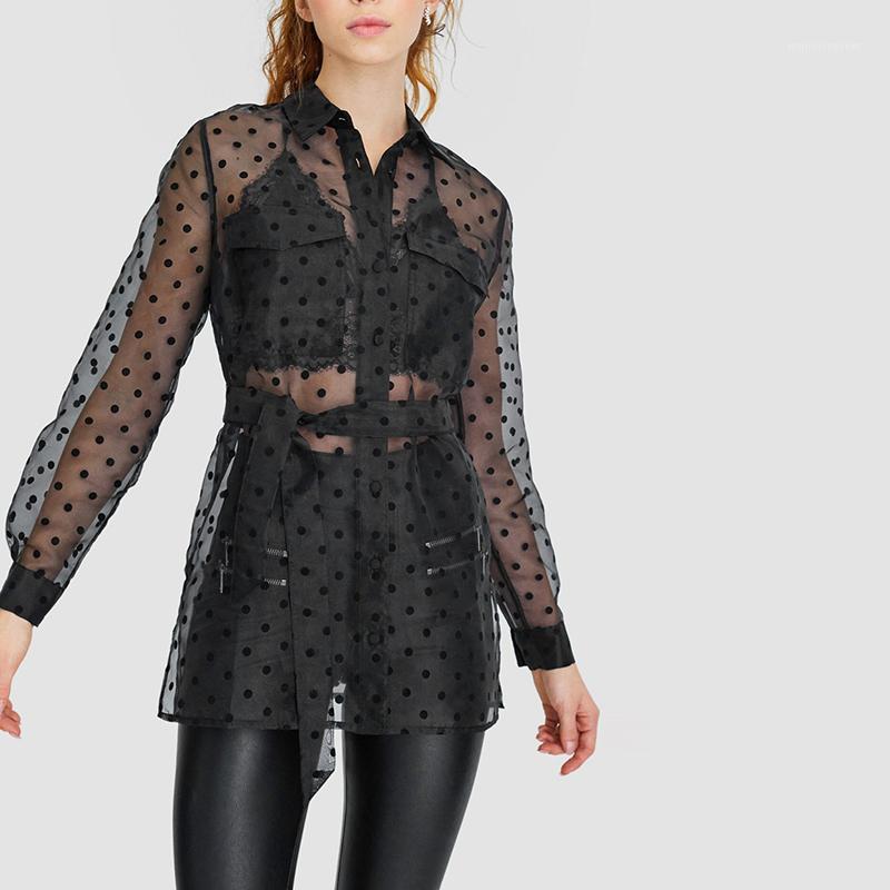 

Women Plus Size Loose Organza Blouse Turn Down Collar Dot Print See Through Shirts Ladies Long Sleeve Tops XB2531, Black