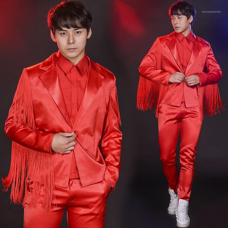 

Three-Piece Drum Performance Outfit Male Singer Nightclub Bar Fringed Red Suit Host Jazz Dance Suit Handsome Punk Sets DWY27261, 3 pieces set