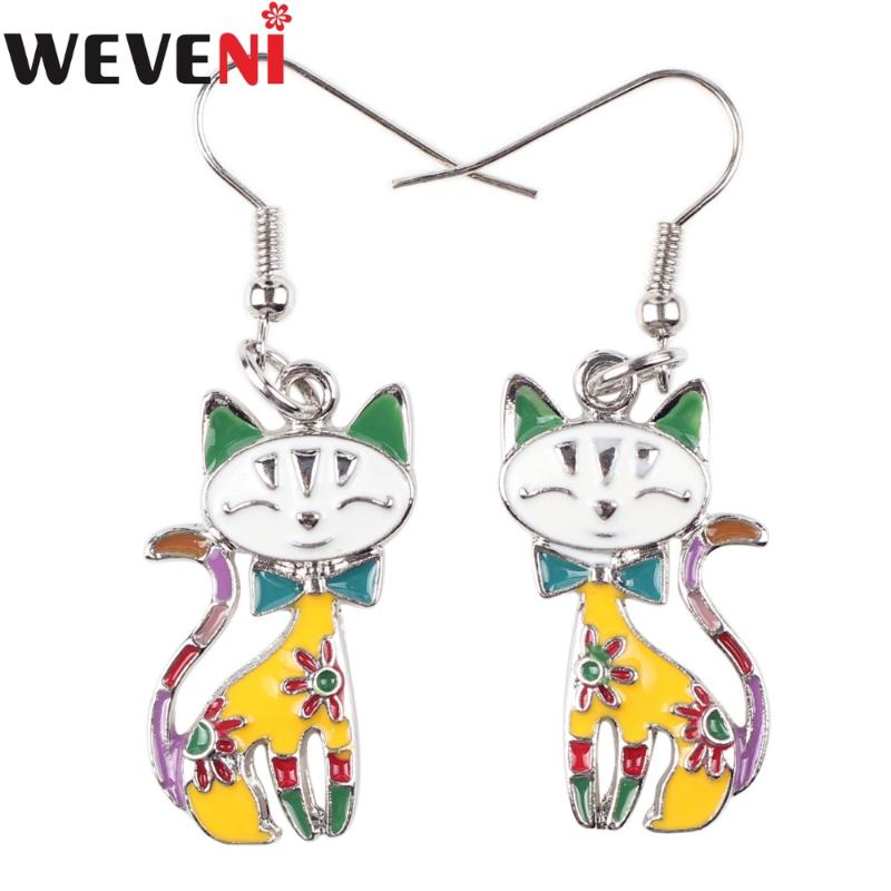 

WEVENI Alloy Drop Dangle Long Enamel Cat Earrings New Fashion Animal Jewelry For Women Kitten Lover Souvenir Gift Accessories