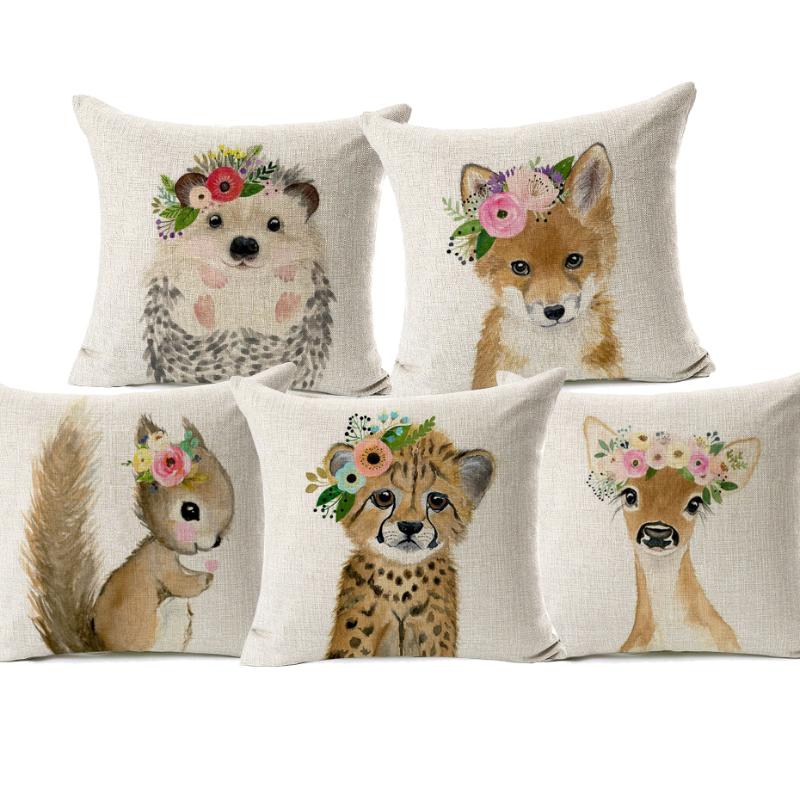 Baby Animals With Floral Wreath Cushion Covers Squirrel Dog Leopard Hedgehog Deer Print Decorative Linen Pillow Case-image-637207816
