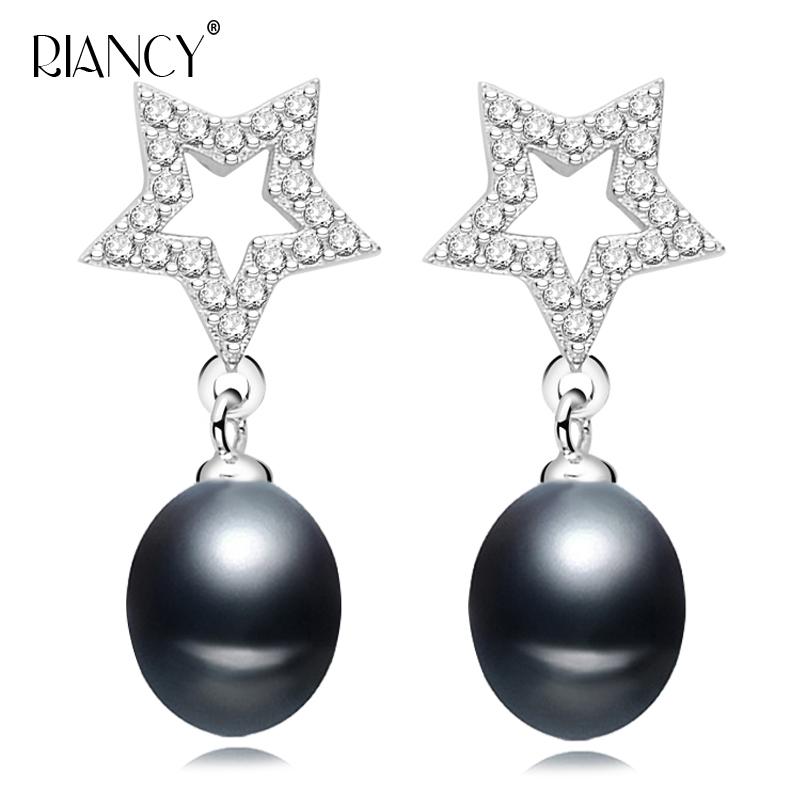 

RIANCY Natural Freshwater black Pearl Earrings Pentagram shape Jewelry For Women Wedding Gift