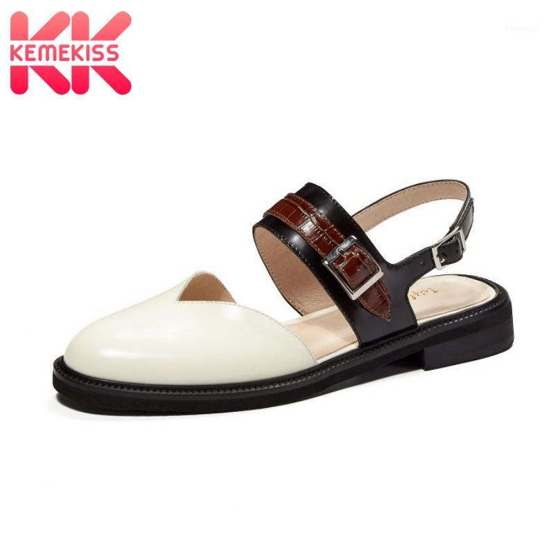 

KemeKiss Women Genuine Leather Sandals Round Toe Flat Heel Buckle Strap Slingback Retro Vintage Shoes Footwear Size 34-401, White