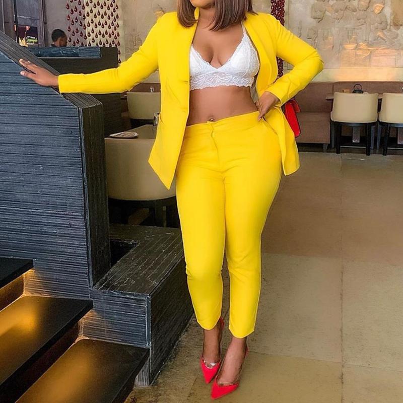 

Fashion Office Lady Two Piece Suit Set Long Sleeve Blazer Top And Wide Leg Pants Business Women Casual Matching Outfits Autumn, Yellow