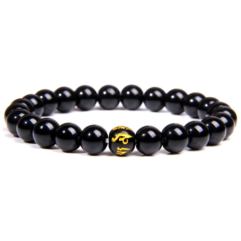 

Natural Stone Black Onyx Beads Bracelet with Six-character True Word Charm Bracelet for Women Men Buddhist Rosary Jewelry