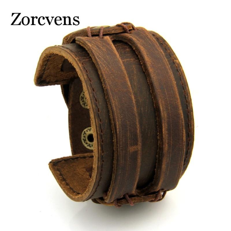 

Link, Chain ZORCVENS Leather Cuff Double Wide Bracelet And Rope Bangles Brown For Men Fashion Man Unisex Jewelry