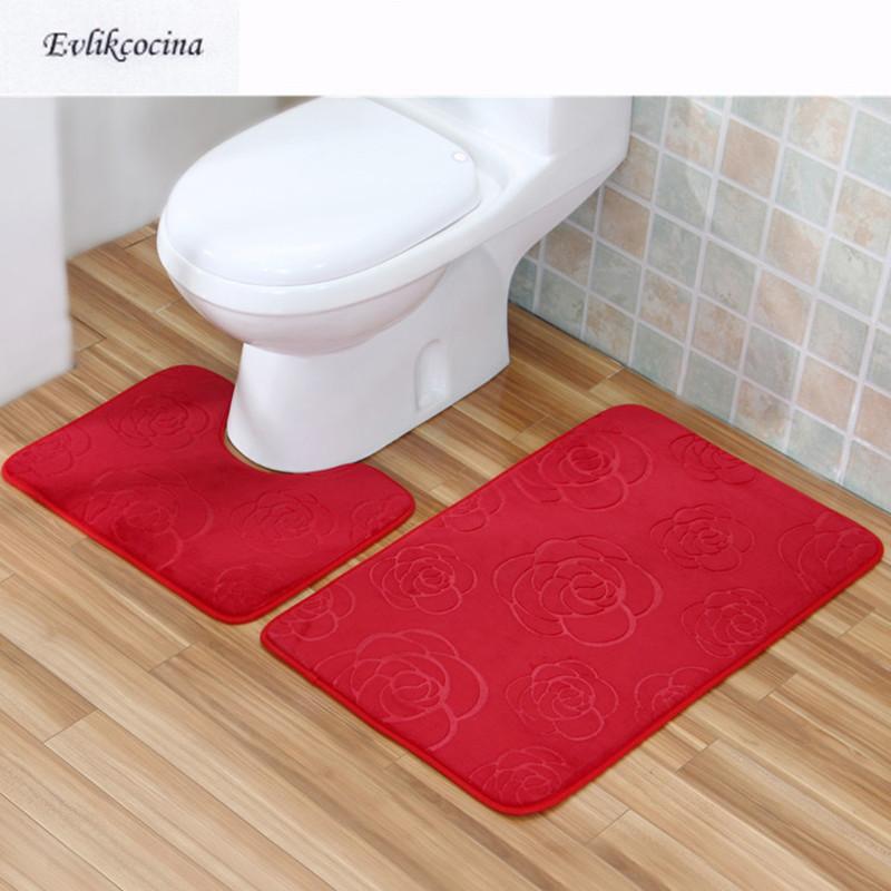 

Free Shipping 2pcs Red Flower Bathroom Toilet U Type Mat Bath Mat Set Non Slip 40x50CM+50x80CM Tapis Salle De Bain Alfombra Bano