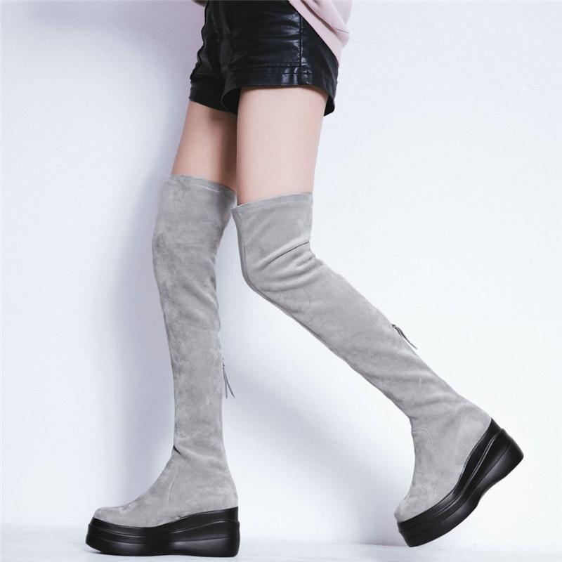 

Women Stretchy Velvet Wedges High Heel Over The Knee High Motorcycle Boots Female Chunky Platform Thigh Fashion Sneakers, Black