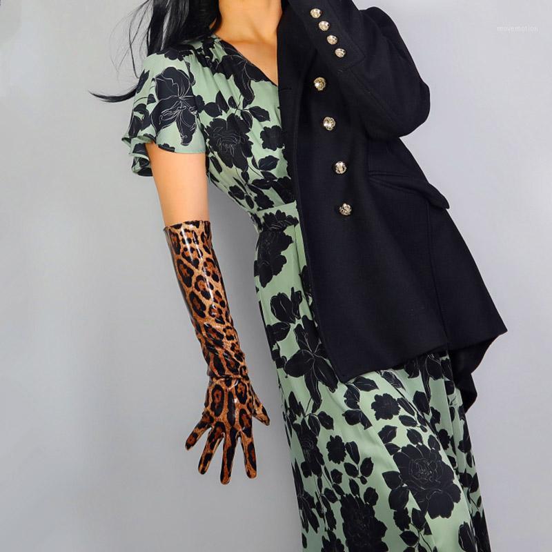 

Leopard Long Gloves 50cm Female Faux Leather Bright Patent Leather Women Gloves Brown Leopard Slim Hand WPU2881