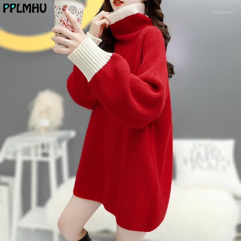 

Oversize patchwork long sleeve knit turtleneck sweater for women korean style loose contrast color tops white stripe pullovers1, Red