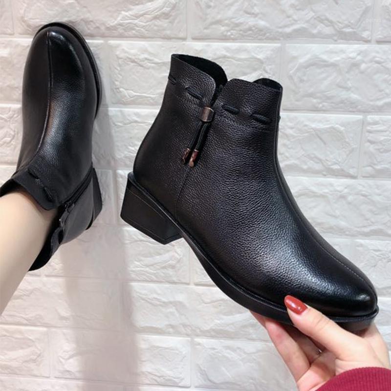

100% cow leather snow boot Ankle Boots old woman thick heels short Boots Winter warm women Shoes botas mujer size 34-411, Black