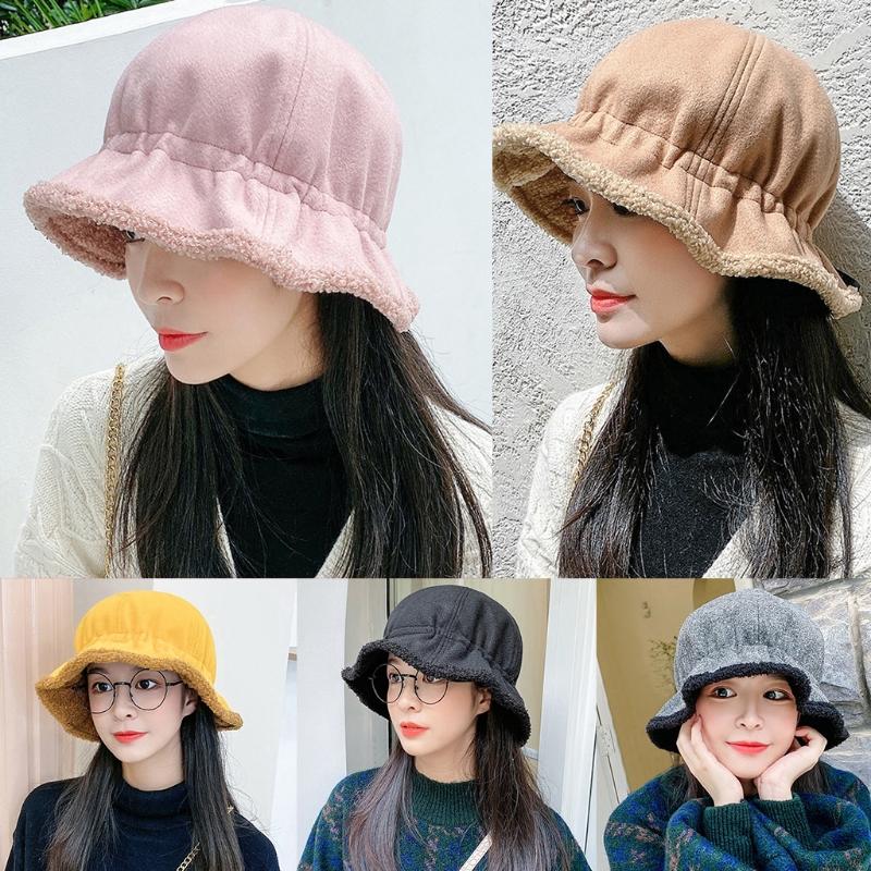 

Women Winter Thicken Plush Lining Bucket Hat Cute Ruffled Wide Brim Round Top Solid Color Outdoor Travel Warm Panama Fisherman C, Kh