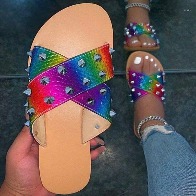 

New Women Slippers Summer Rivet Flat Sandals Open Toe Ladies Beach Shoes Cross Strap Platform Outdoor Slides Female Flip Flops1, Black