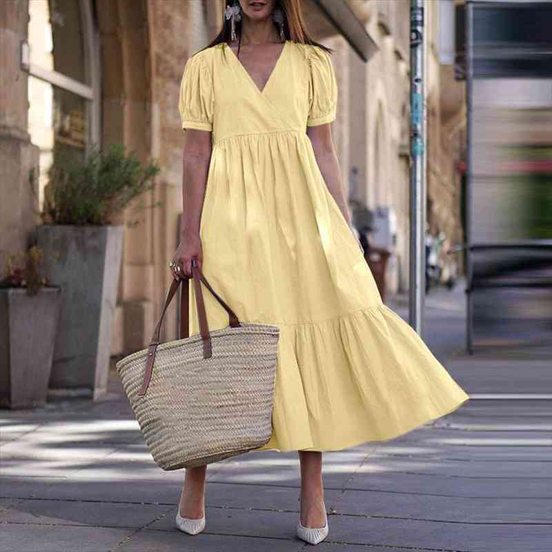 

Casual Solid Ladies Elegant Long Dress Fahsion V-neck Short Sleeve Loose A-line Dresses Women Vintage Simple Party Dresses, Black;gray