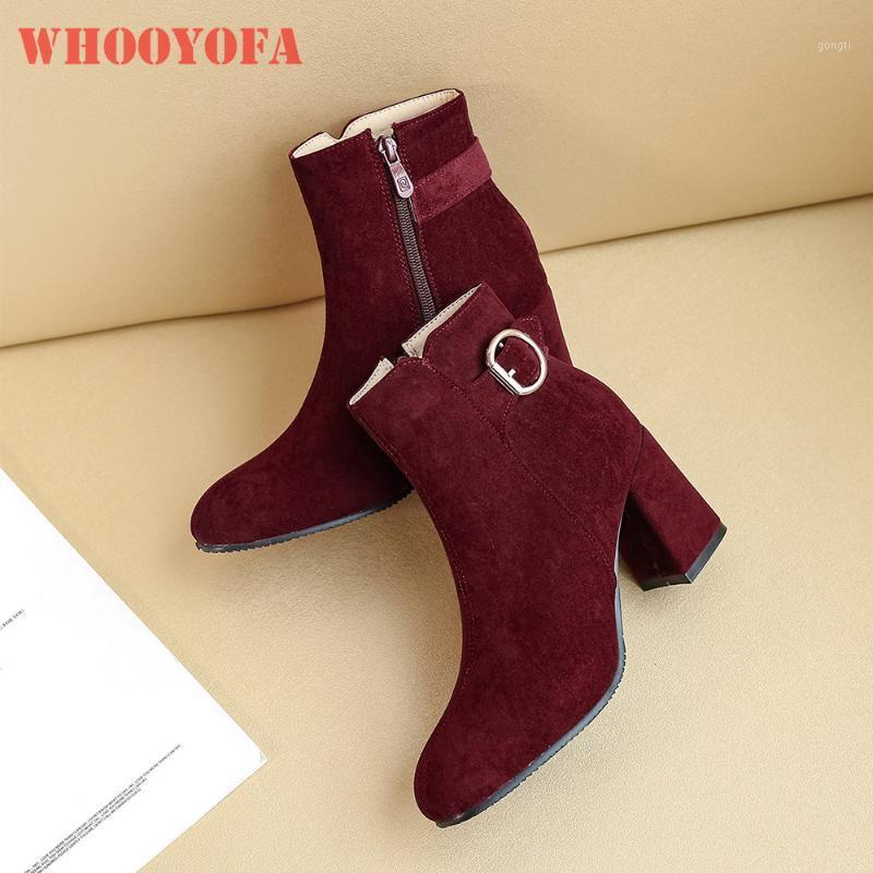 

2021 Winter New Sweet Black Wine Red Women Ankle Dress Boots Flock Round Toe High Heels Lady Shoes Big Small Size 10 30 43 461