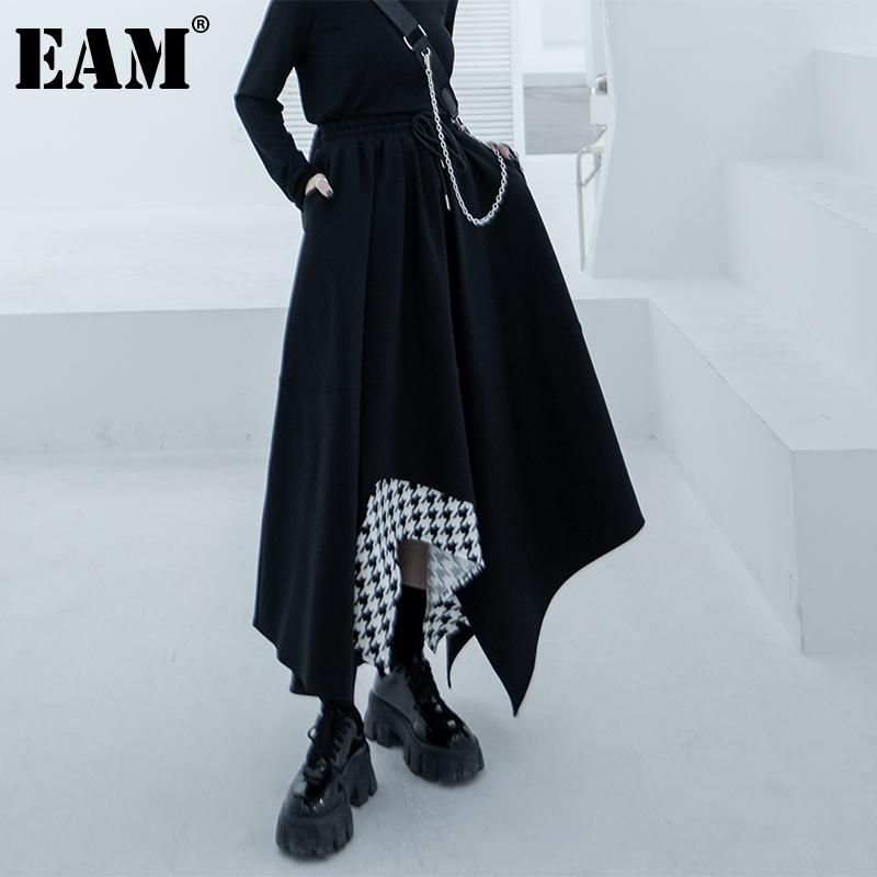 

EAM] High Elastic Waist Black Plaid Irregular Spliced Plaid Half-body Skirt Women Fashion Tide New Spring Autumn 2021 1DD1676