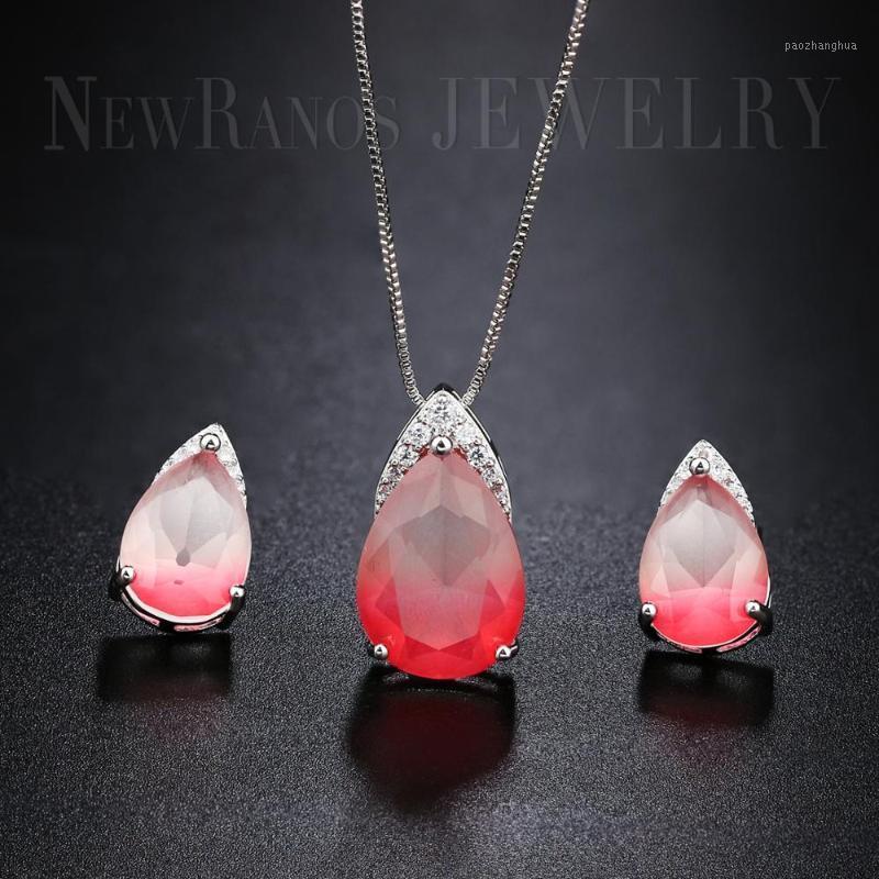 

Earrings & Necklace Ranos Water Drop Jewelry Sets Pink Color Natura Crystal Glass Pendant Stud Earrwins For Women SFX21452, Silver