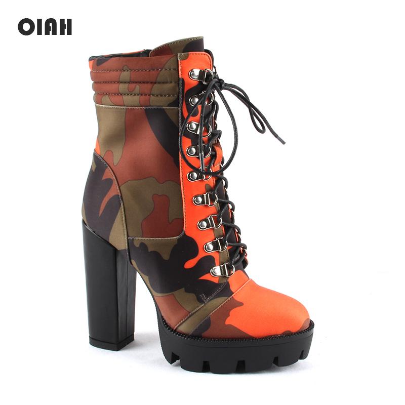 

Autumn Ankle Boots For Women Motorcycle Boots Thick Heels Fashion Lacing Round Toe Platform Shoes Female 12 cm Camouflage, Camouflage prin