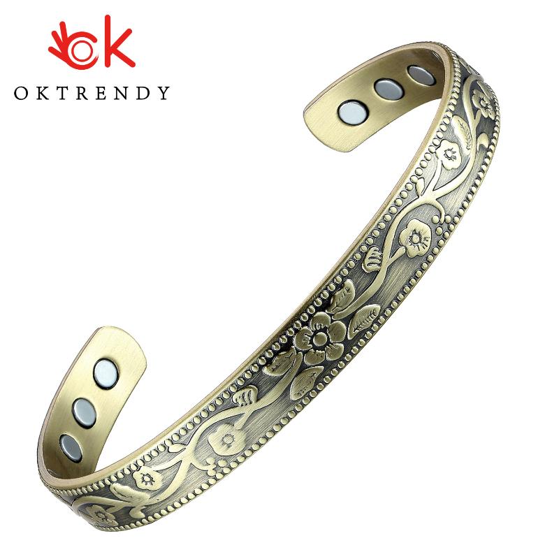 

OKtrendy Men's Vintage Flower Design Energy Magnetic Copper Bracelet Adjustable Cuff Bangles For Women Couple Jewelry Gift