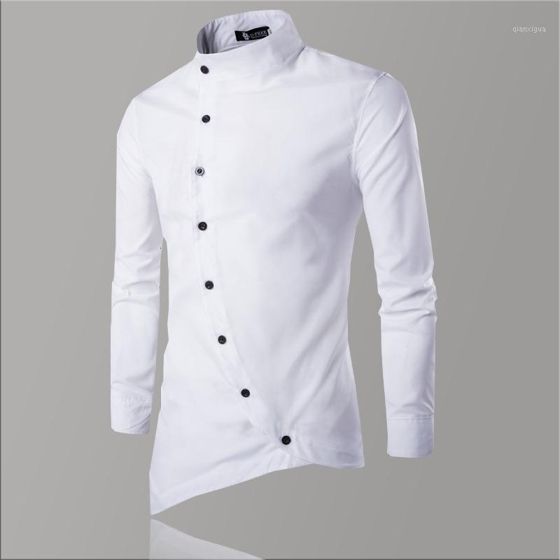 

Men's Dress Shirts Mandarin Collar Shirt For Men Vintage Autumn White Button Casual Slim Fit Long Sleeves Irregular1, Black
