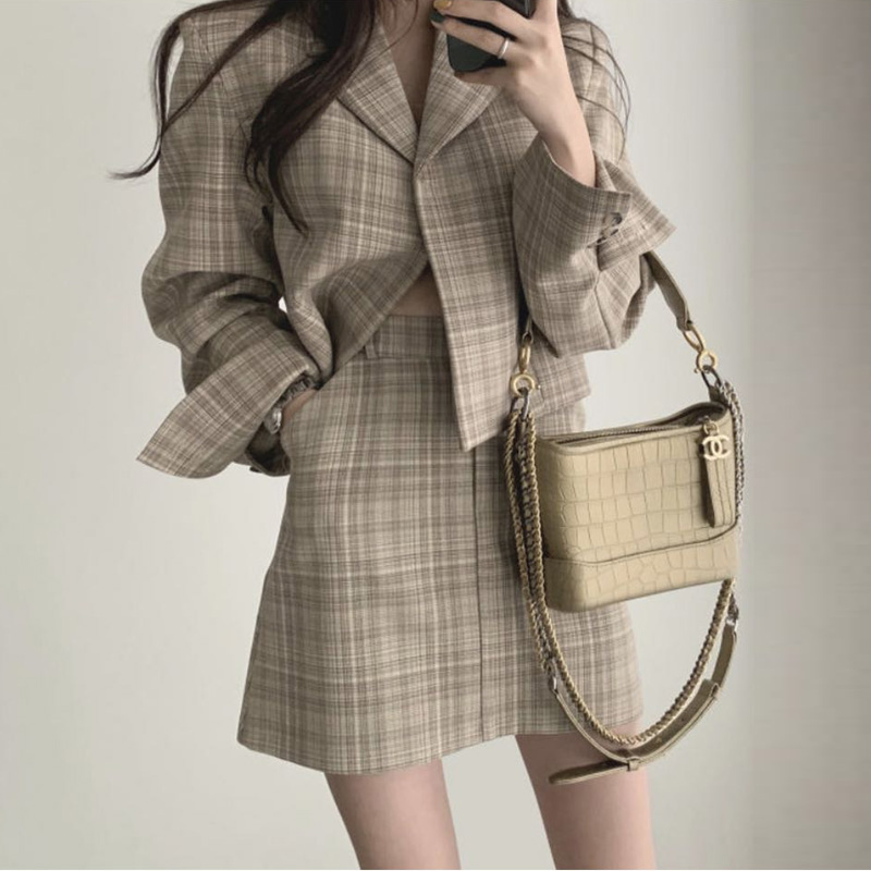 

Office Women'S Suits Korean Chic Fashion Temperament Short Suit Jacket Skirt Two-Piece Suit Clothes For Fall Outwear, Black;brown
