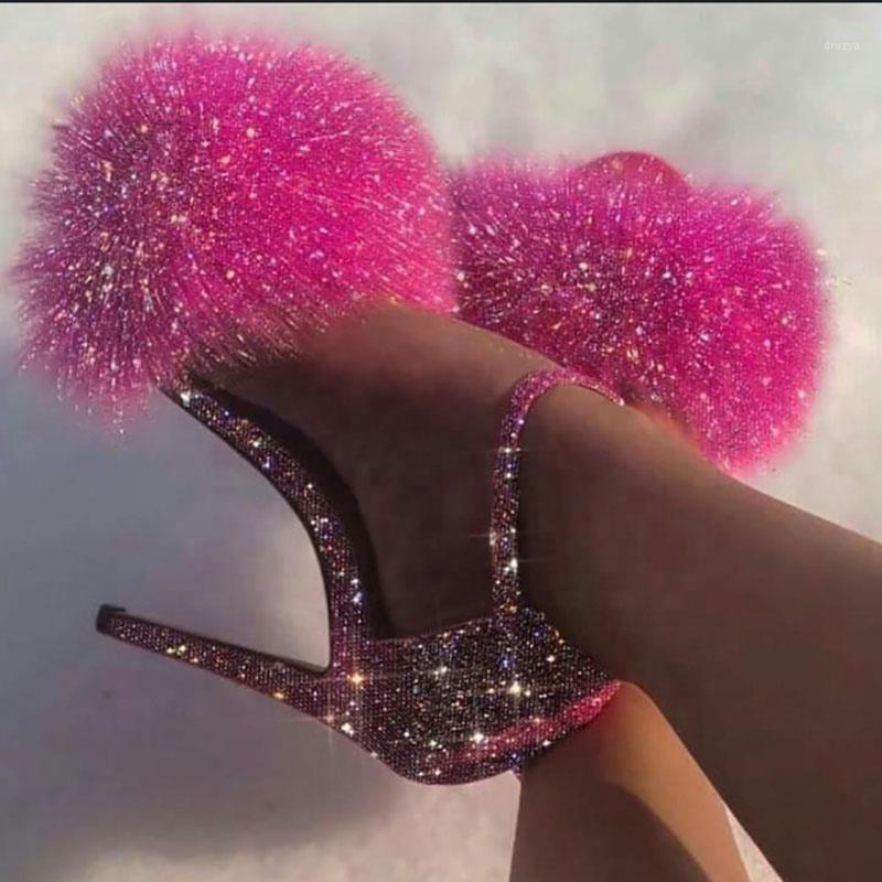 

Shiny Fur Sandals Women High Heels Pumps Ankle Straps Furry Stiletto Shoes1, Pink