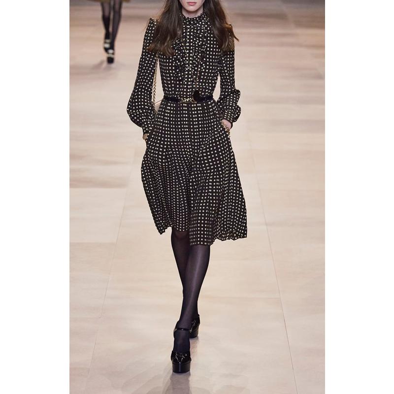

10.29 Hot Sale!!! High Quality Vintage Fashion Polka Dot Ruffle Stand Collar Dress Women Elegant Temperament Pleated Long Dress, Black