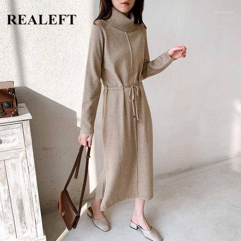 

REALEFT New 2020 Autumn Winter Minimalist Knitted Women' Dress Turtleneck Drawstring Oversize Split Straight Long Dress1, Khaki