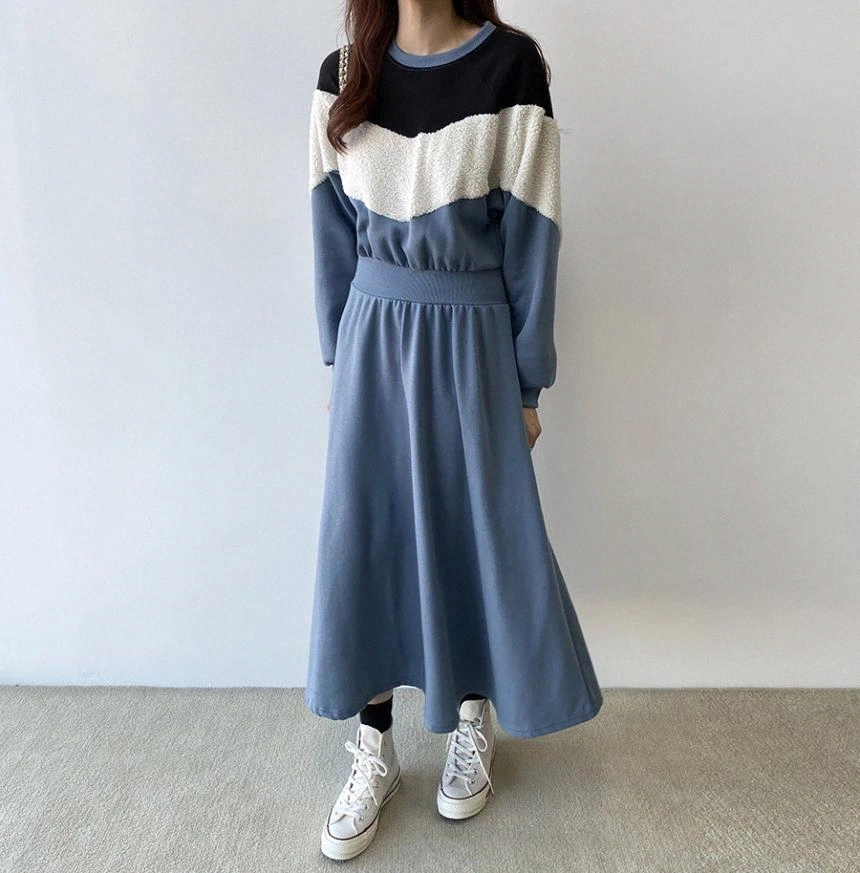 

JXMYY Autumn fashion casual new chic stitching lamb hair hit color plus velvet sweater mid-length dress women #Cz4m, Black;gray