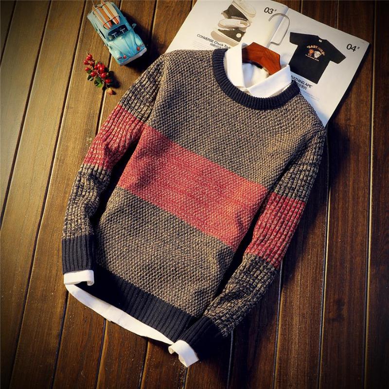 

Autumn and winter men' fashion round neck sweater, trend personality color matching slim youth warm pullover sweater, Red
