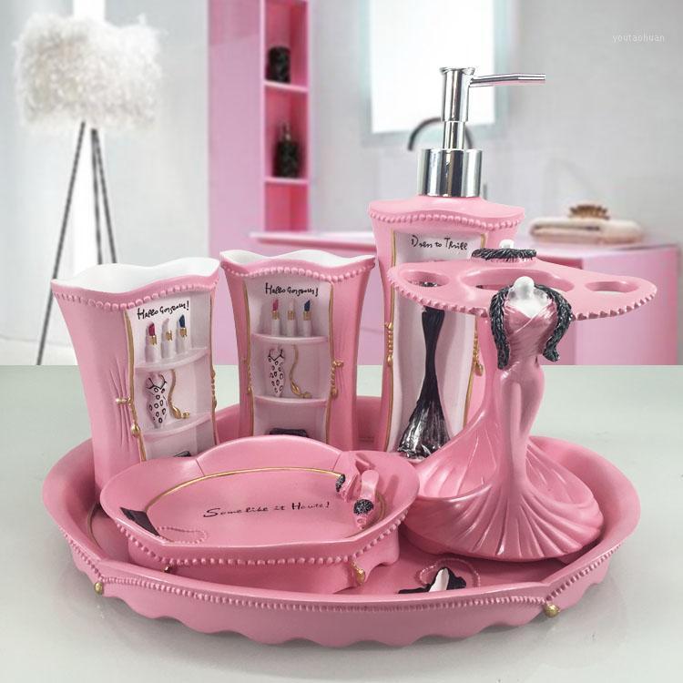 

Pink lady European style bathroom 5-piece set wedding toiletries Creative Gift resin toothbrush cup set bathroom accessories1