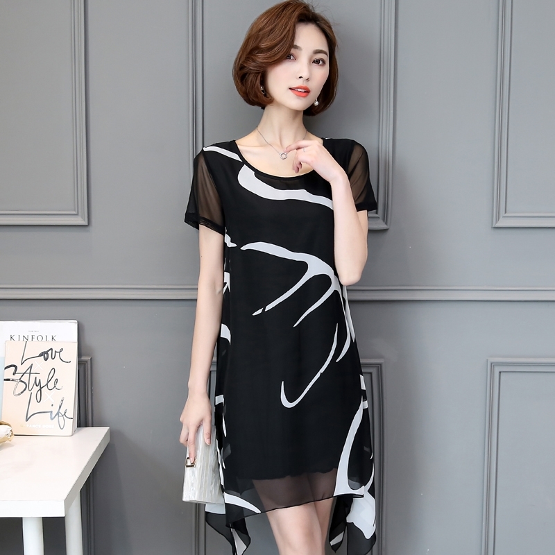 

New Plus Size Slim Body Add Fertilizer Increased Fat MM Irregular Chiffon Blouse dress Code 62B 30 Y200828, Black