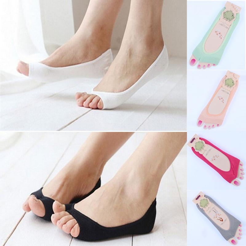 

1 Pair Women Cotton Peep Toe Socks Invisibility Low Cut Sock Toeless Shallow Antiskid Anti Off Boat Socks Calcetines Mujer, Black