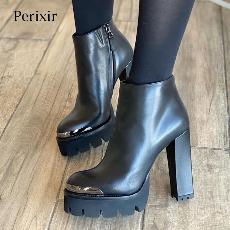 

Perixir Design 2021 New Winter Women Ankle Boots Lady Shoes Metal Pointed Toe Rivet High Heel Boots Woman Fashion, Black