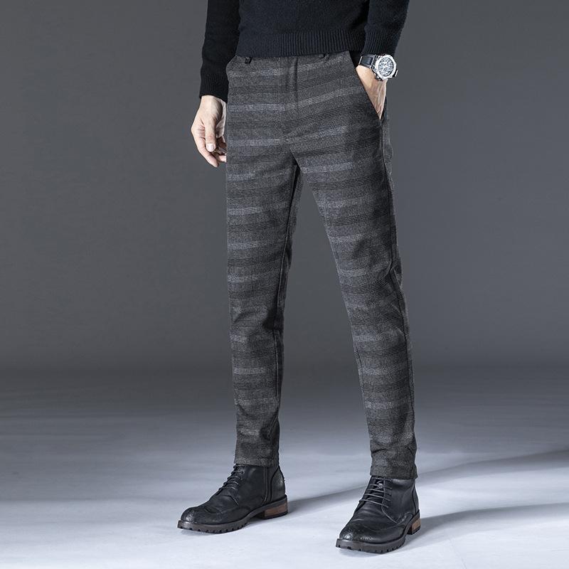 

2020 Autumn Winter Casual Pants Men Elastic Plaid Long Trousers Male Cotton Gray Black Work Pant Men's Clothing