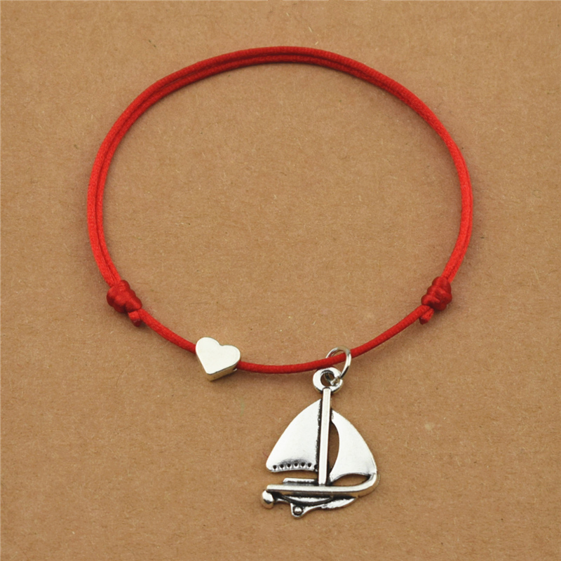 

Lucky Red Rope Sailing Ship Amulet Vintage Sailboat Charm Heart Bracelets for Women Men Beach Casual Sail Boat Jewelry