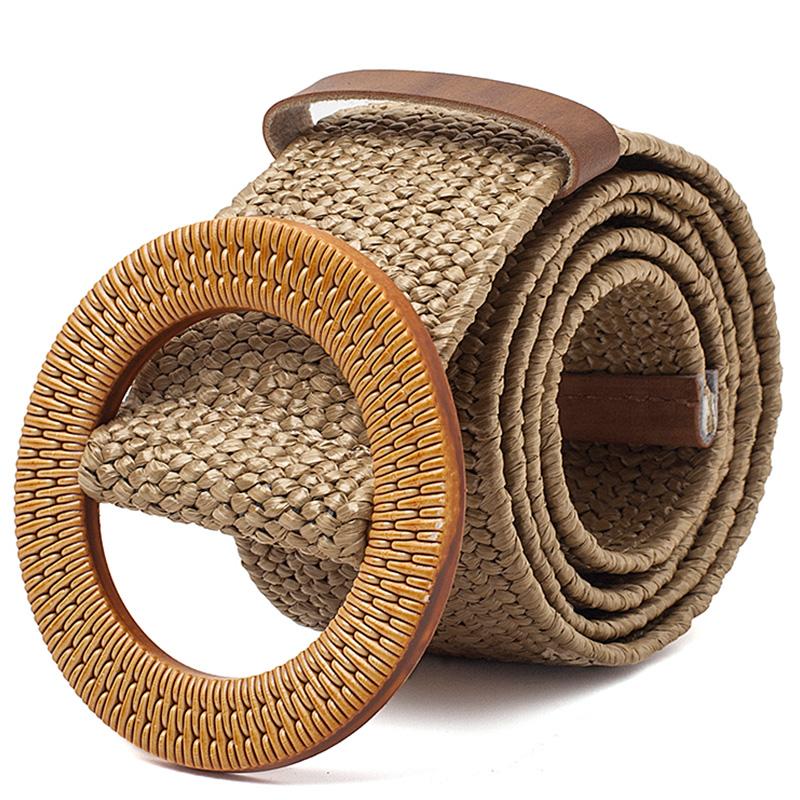 

Straw Wide Belt Female Woven Vintage Round Wooden Buckle Decorative Dress Shirt Belt Khaki, Black