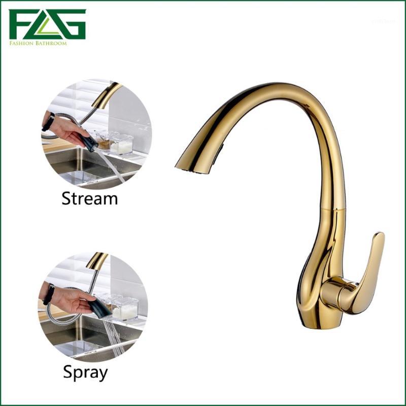 

FLG Kitchen Faucets Deck Mounted Single Handle Hole Golden Plate All Around Rotate Swivel 2-Function Water Outlet Water Sink Tap1