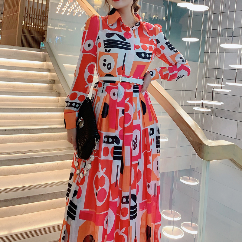 

2021 Autumn New Vintage Style Print Long Sleeve Thin Belt Fitting with Mid-length Temperament Dress Women's Clothes Nrrf, Multiple