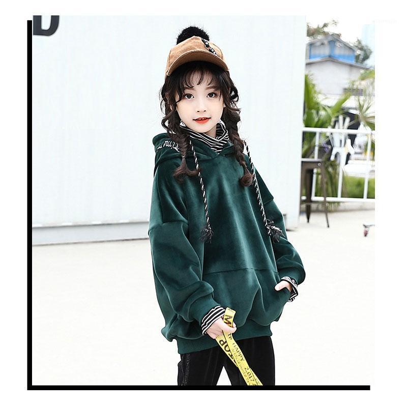 

Girls Winter Clothes Hooded Velvet Thick Sweatshirt Mock Two-Piece Kids Fashion Top1, Green