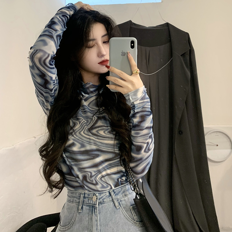 

2021 New Korean-style small turtleneck thin long sleeve women's sexy tops t-shirt femme (c2898) TEPF, Blue mesh