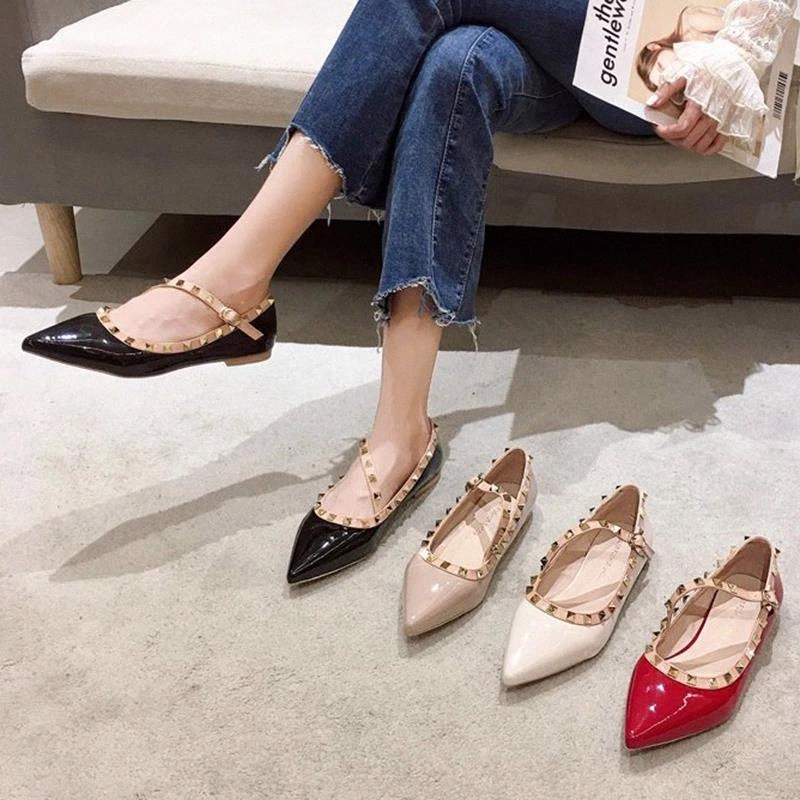 

2020 New Women Flats Rivets Mary Janes Shoes Pointed Toe Patent Leather Shallow Shoes Female White Wedding Slip on 8263N #vT7Z, Black