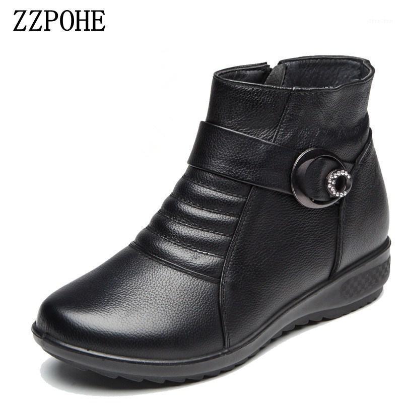

Boots ZZPOHE 2021 Autumn Winter Woman Fashions Snow Women Leather Flat Ankle BootsNon-slip Mother Plush Cotton Boots1, Black