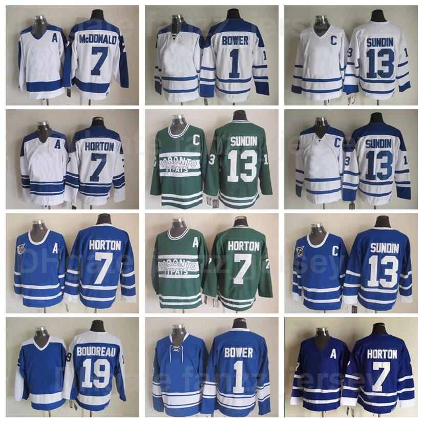 

Arenas Ice Hockey 13 Mats Sundin Jersey Vintage Classic Tim Horton 7 Lanny McDonald 19 Bruce Boudreau 1 Johnny Bower Retro Blue White Green Sport Stitched FengYe, 1 blue