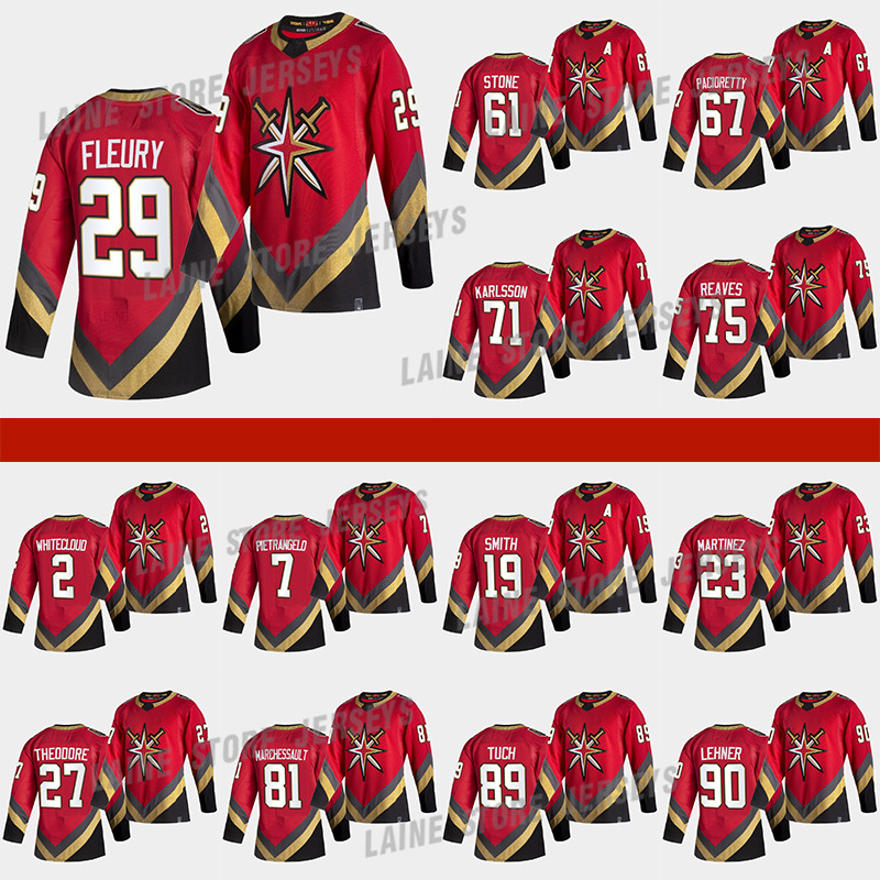 

Vegas Golden Knights 2021 Reverse Retro Jersey 61 Mark Stone 29 Marc-Andre Fleury 71William Karlsson 7 Pietrangelo 75 Reaves Hockey Jerseys, Red