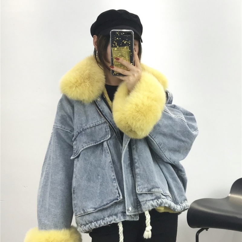 

Fashion Winter High Denim Natural Female Jacket Rex Rabbit Skin Iiner Parka Fox Fur Collar Coat Xrou, Black