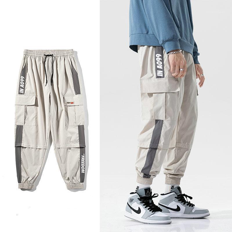 

Streetwear Casual Joggers Men Striped Mens Cargo Pants Fashion Slim Harem Pants Ankle-length Men Trousers1, Khaki